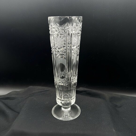 Vintage European Cut Crystal Pedestal Starburst Vase 8.25 Inch - Picture 2 of 10